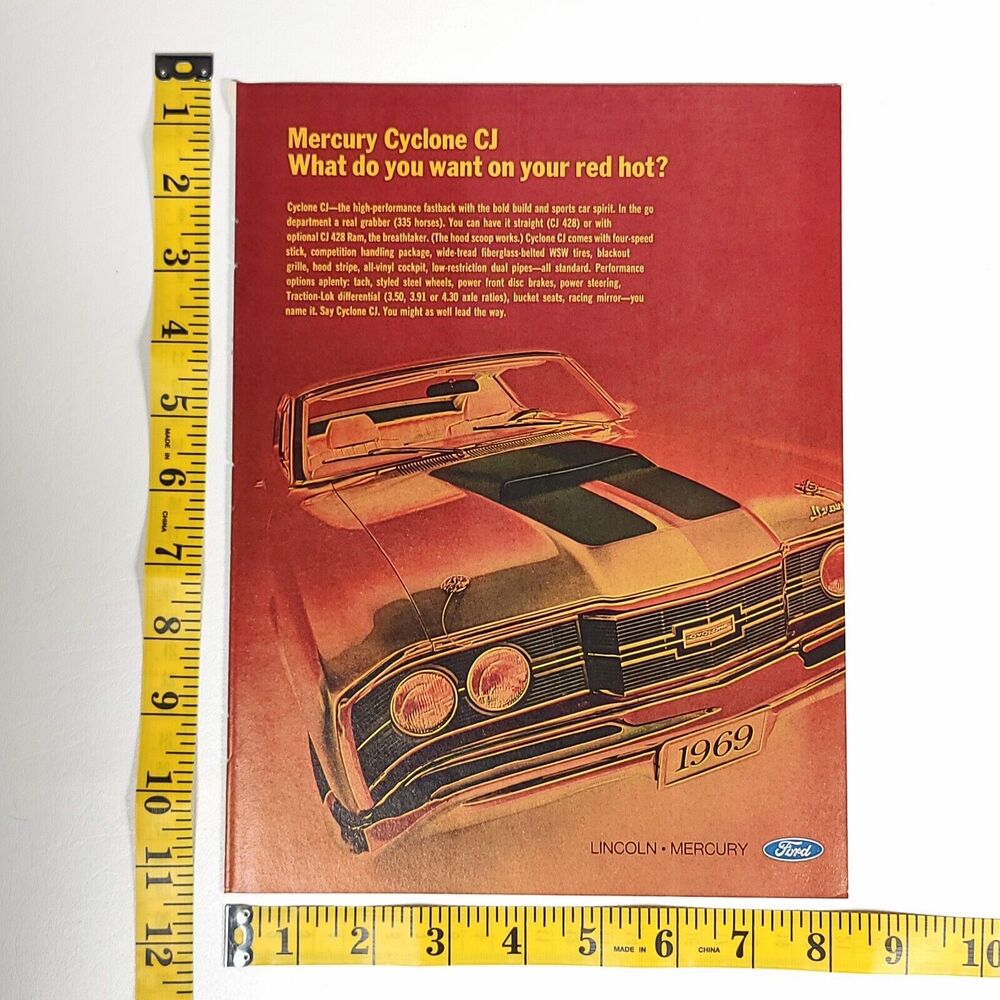 Vintage Lincoln Mercury Cyclone CJ Print Ad 1969 Hot Rod Garage Wall Art Decor